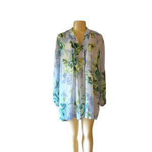 Susan Graver Blue & Green floral Sheer Tunic Style Blouse in Size 1X